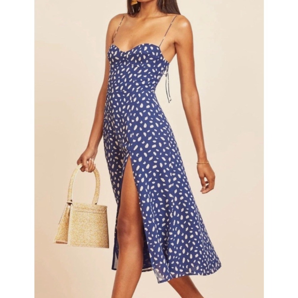 Reformation Navy Blue White Abstract Dot Midi Dress Size 2 Sweetheart Slit